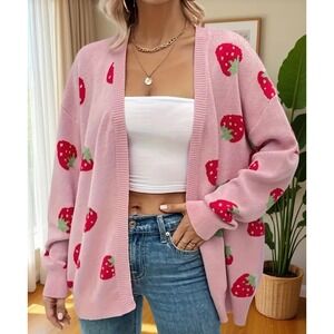 Pink Strawberry Knit Cardigan Y2K Cozy Long Sleeve Sweater Size S EUC